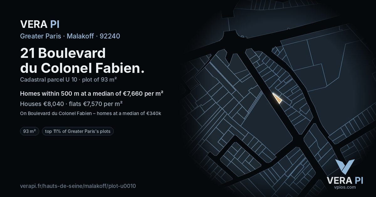 21 Boulevard du Colonel Fabien, Malakoff at night – the plot lit, the parcels around coloured by the prices near them