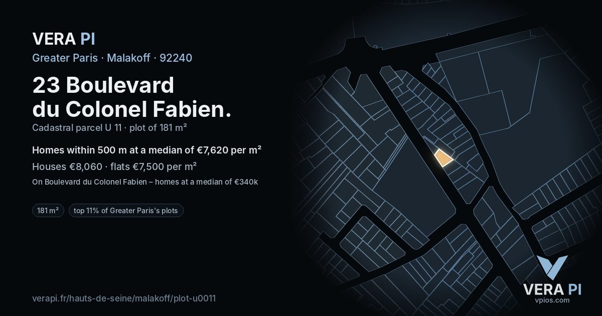 23 Boulevard du Colonel Fabien, Malakoff at night – the plot lit, the parcels around coloured by the prices near them