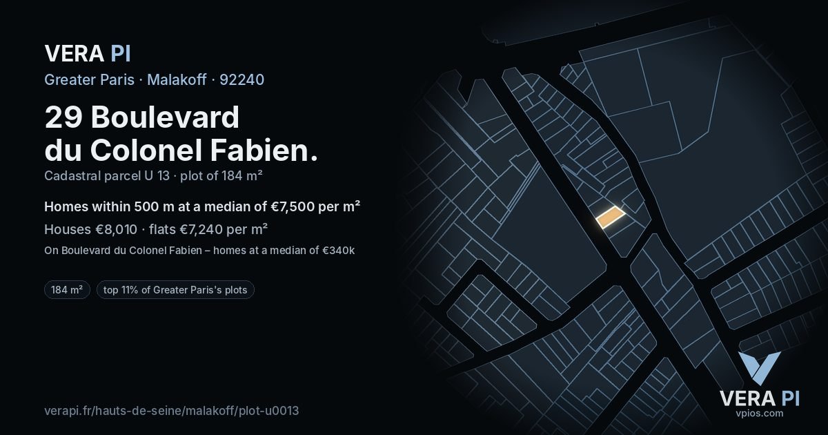 29 Boulevard du Colonel Fabien, Malakoff at night – the plot lit, the parcels around coloured by the prices near them