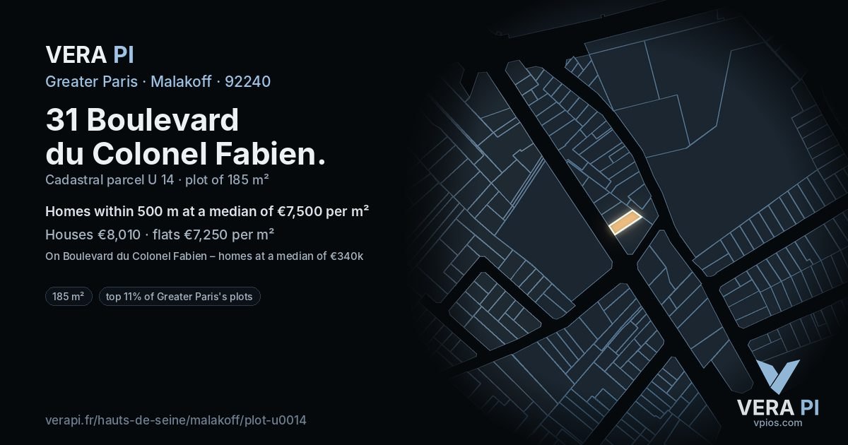31 Boulevard du Colonel Fabien, Malakoff at night – the plot lit, the parcels around coloured by the prices near them