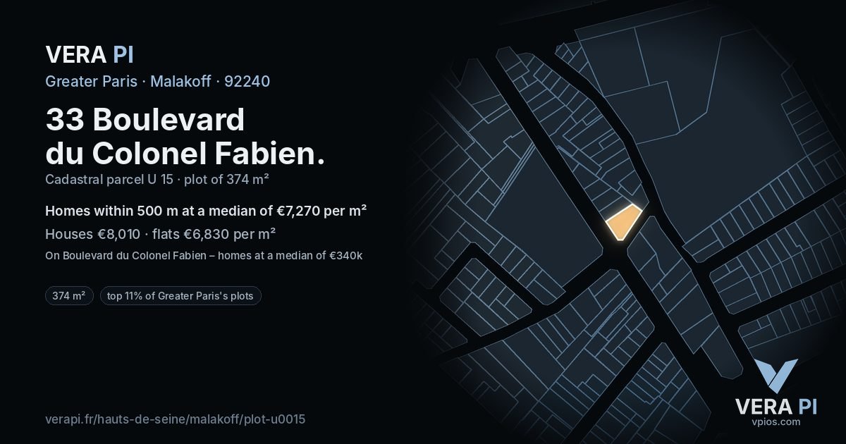 33 Boulevard du Colonel Fabien, Malakoff at night – the plot lit, the parcels around coloured by the prices near them