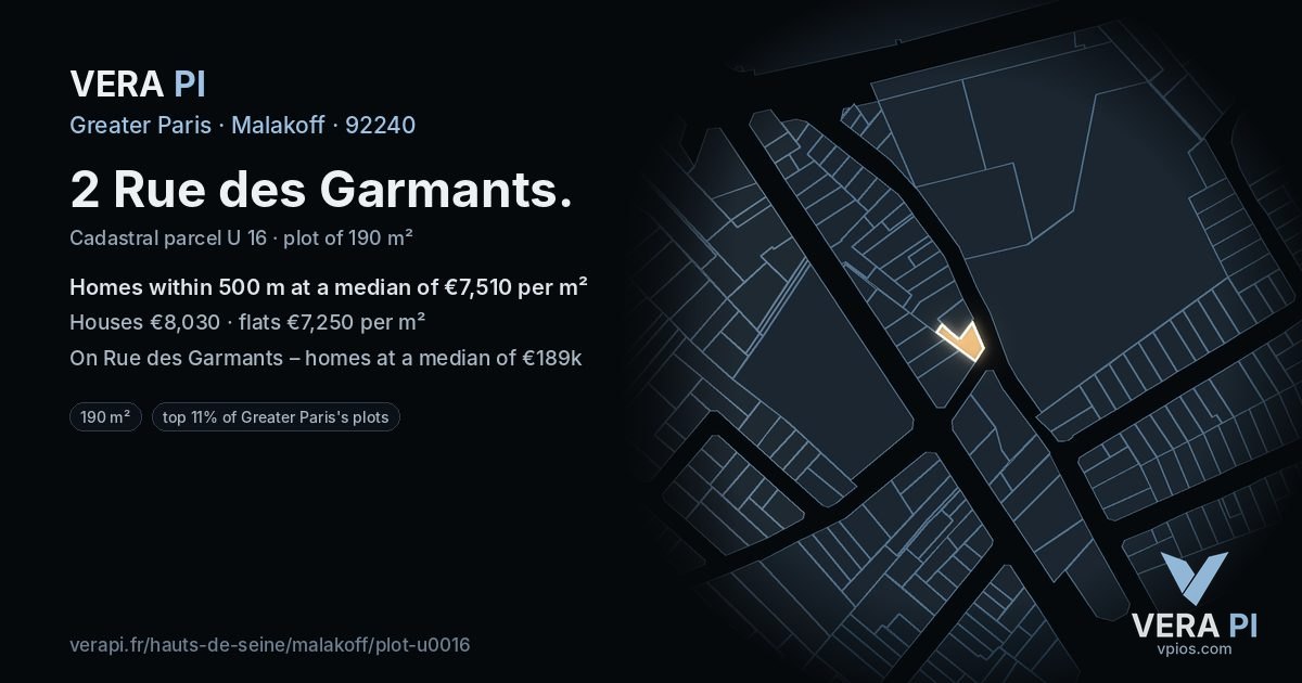 2 Rue des Garmants, Malakoff at night – the plot lit, the parcels around coloured by the prices near them