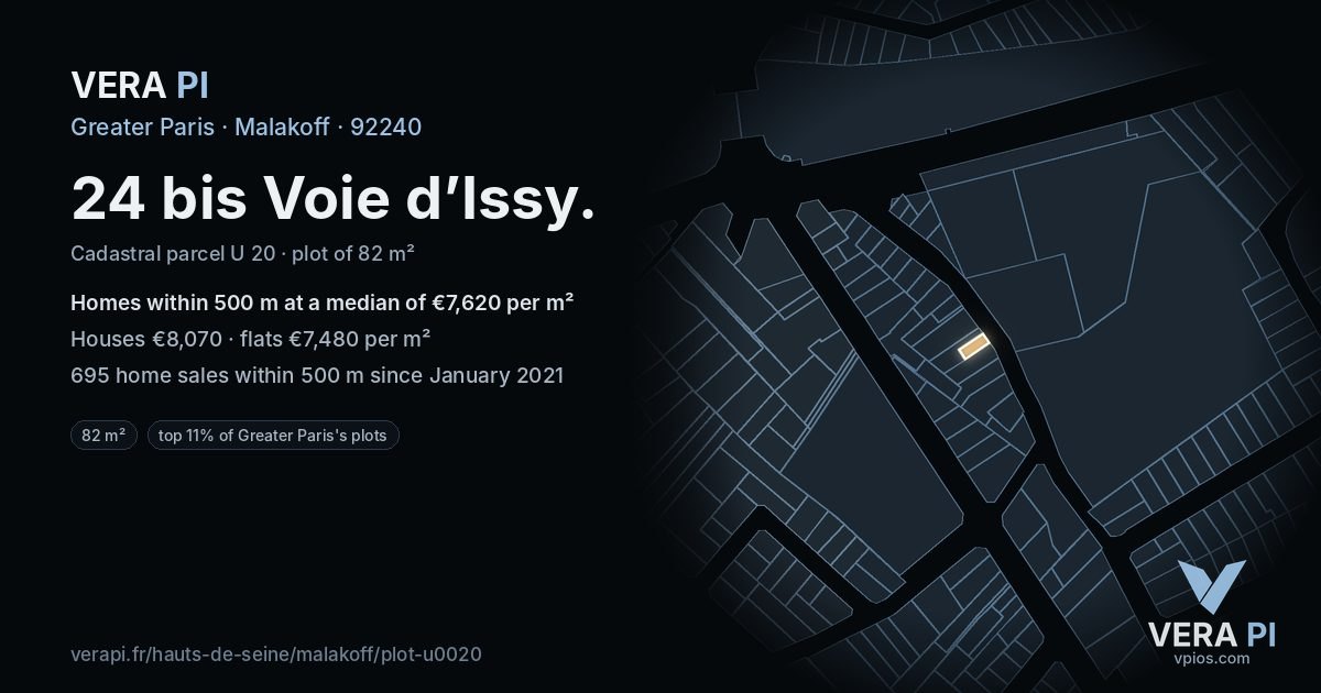 24 bis Voie d’Issy, Malakoff at night – the plot lit, the parcels around coloured by the prices near them