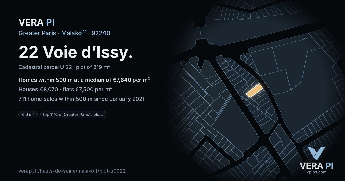22 Voie d’Issy, Malakoff at night – the plot lit, the parcels around coloured by the prices near them