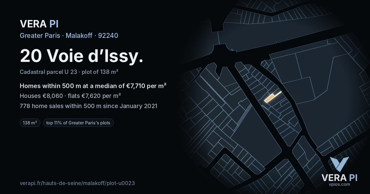 20 Voie d’Issy, Malakoff at night – the plot lit, the parcels around coloured by the prices near them