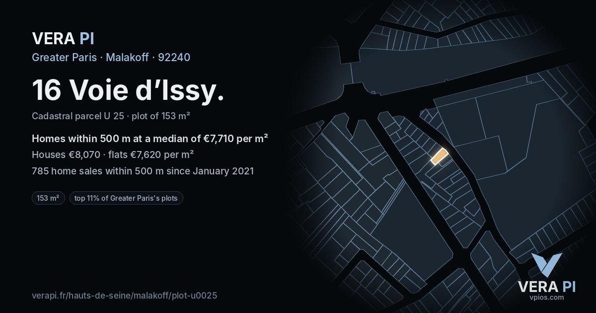 16 Voie d’Issy, Malakoff at night – the plot lit, the parcels around coloured by the prices near them