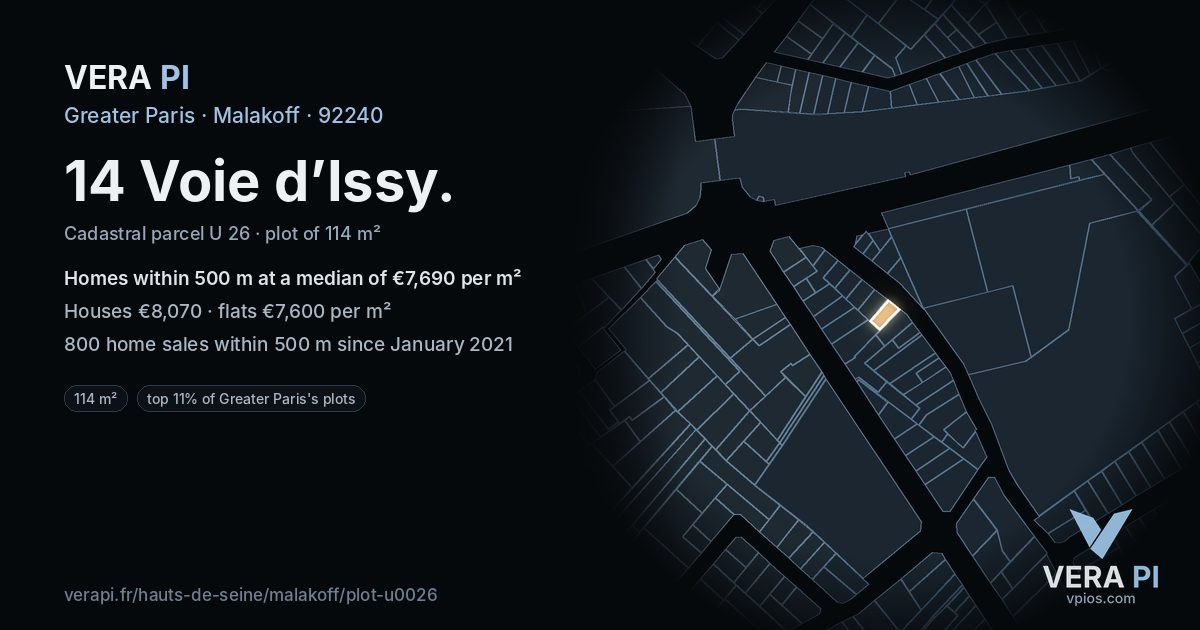 14 Voie d’Issy, Malakoff at night – the plot lit, the parcels around coloured by the prices near them