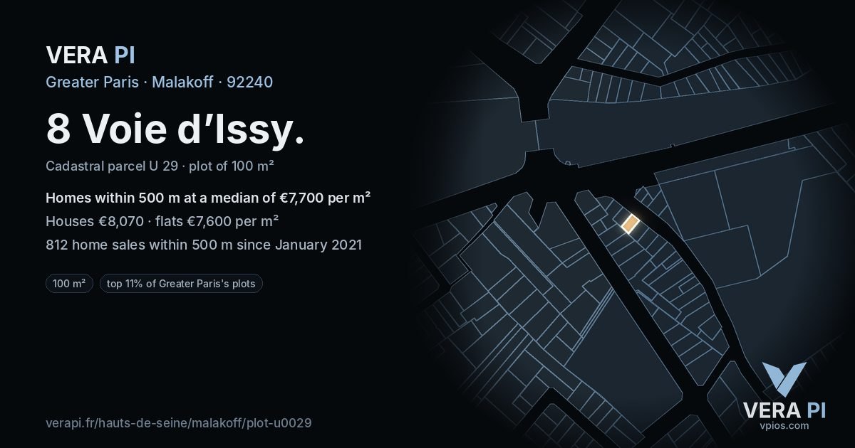 8 Voie d’Issy, Malakoff at night – the plot lit, the parcels around coloured by the prices near them