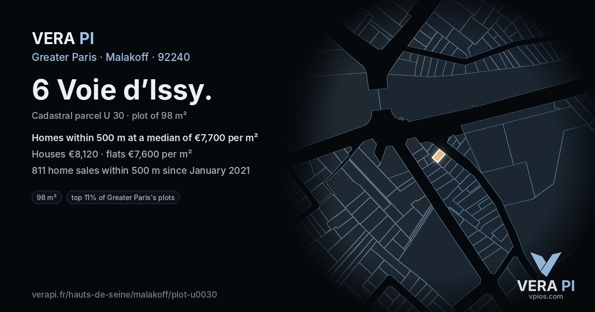 6 Voie d’Issy, Malakoff at night – the plot lit, the parcels around coloured by the prices near them