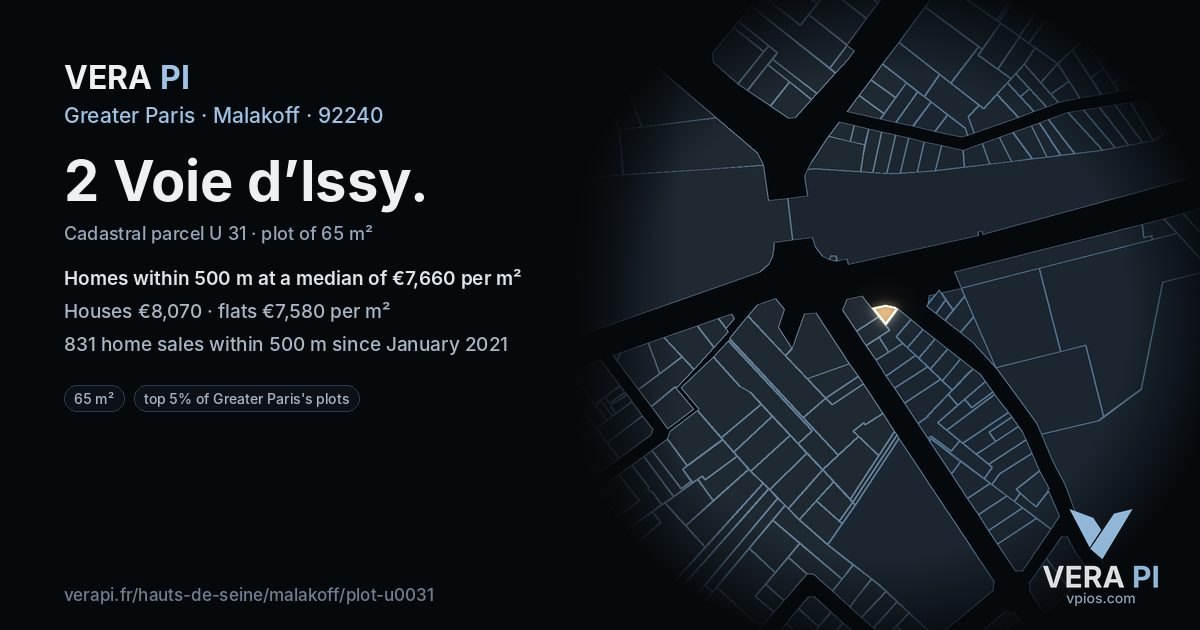 2 Voie d’Issy, Malakoff at night – the plot lit, the parcels around coloured by the prices near them