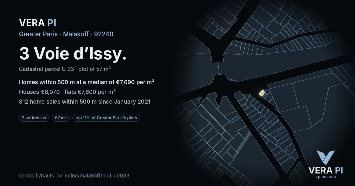 3 Voie d’Issy, Malakoff at night – the plot lit, the parcels around coloured by the prices near them
