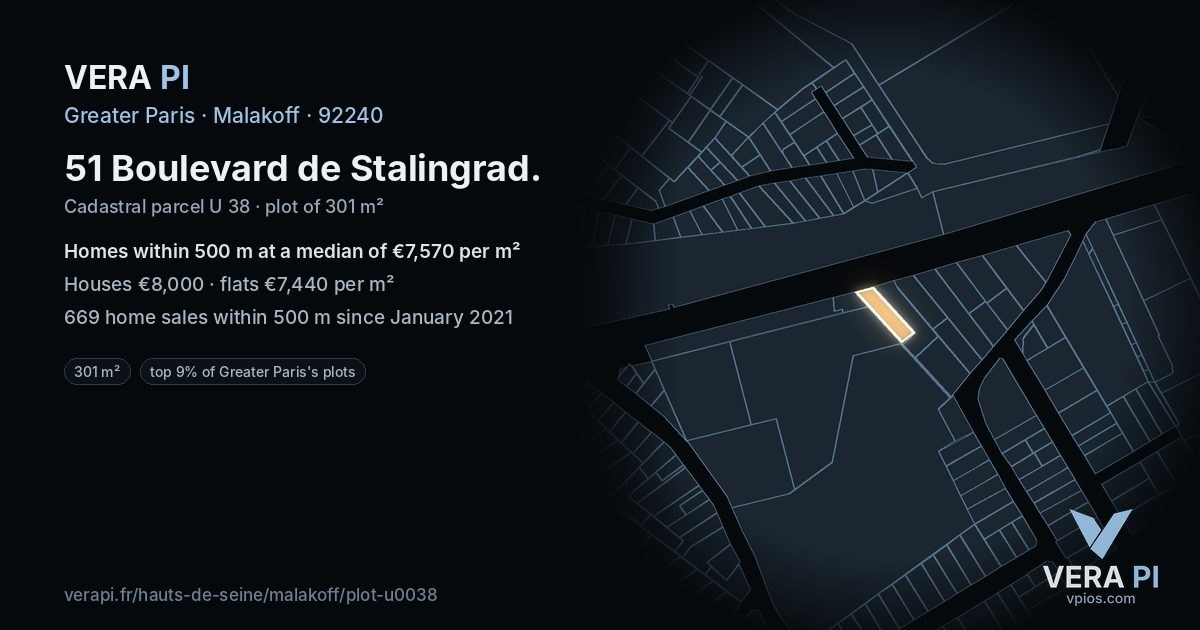 51 Boulevard de Stalingrad, Malakoff at night – the plot lit, the parcels around coloured by the prices near them