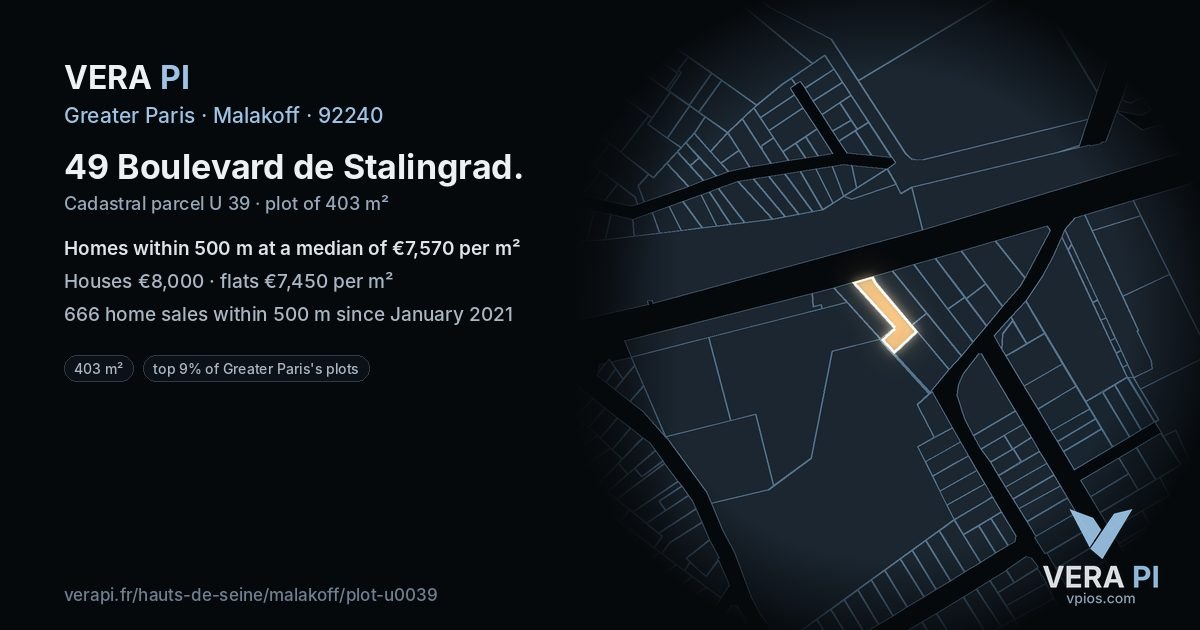 49 Boulevard de Stalingrad, Malakoff at night – the plot lit, the parcels around coloured by the prices near them