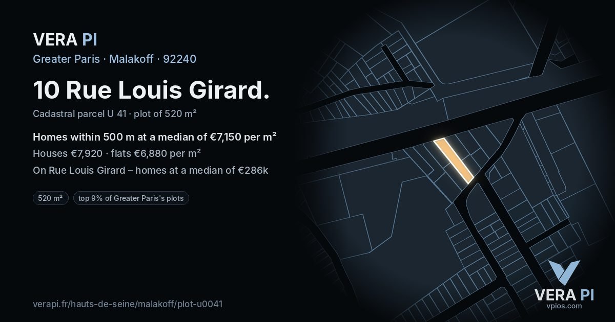 10 Rue Louis Girard, Malakoff at night – the plot lit, the parcels around coloured by the prices near them