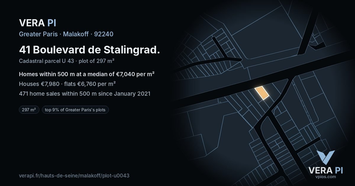 41 Boulevard de Stalingrad, Malakoff at night – the plot lit, the parcels around coloured by the prices near them