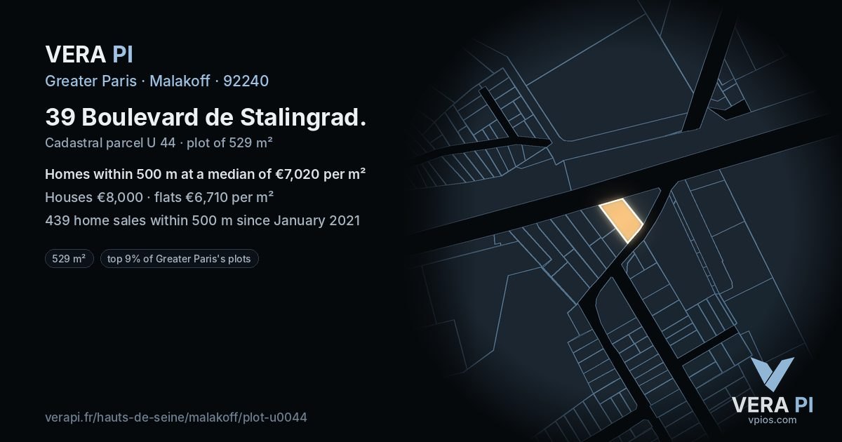 39 Boulevard de Stalingrad, Malakoff at night – the plot lit, the parcels around coloured by the prices near them