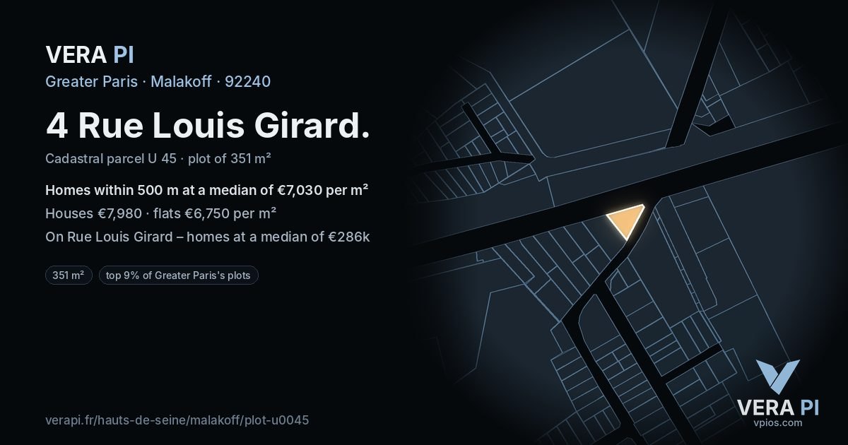 4 Rue Louis Girard, Malakoff at night – the plot lit, the parcels around coloured by the prices near them