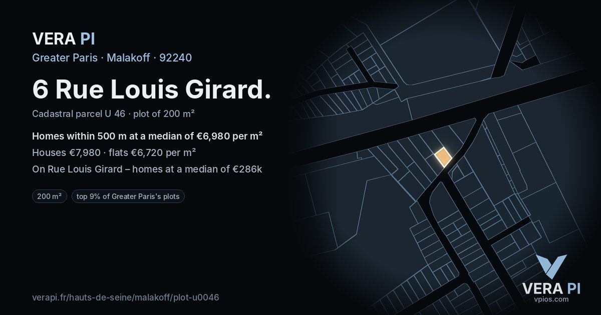 6 Rue Louis Girard, Malakoff at night – the plot lit, the parcels around coloured by the prices near them