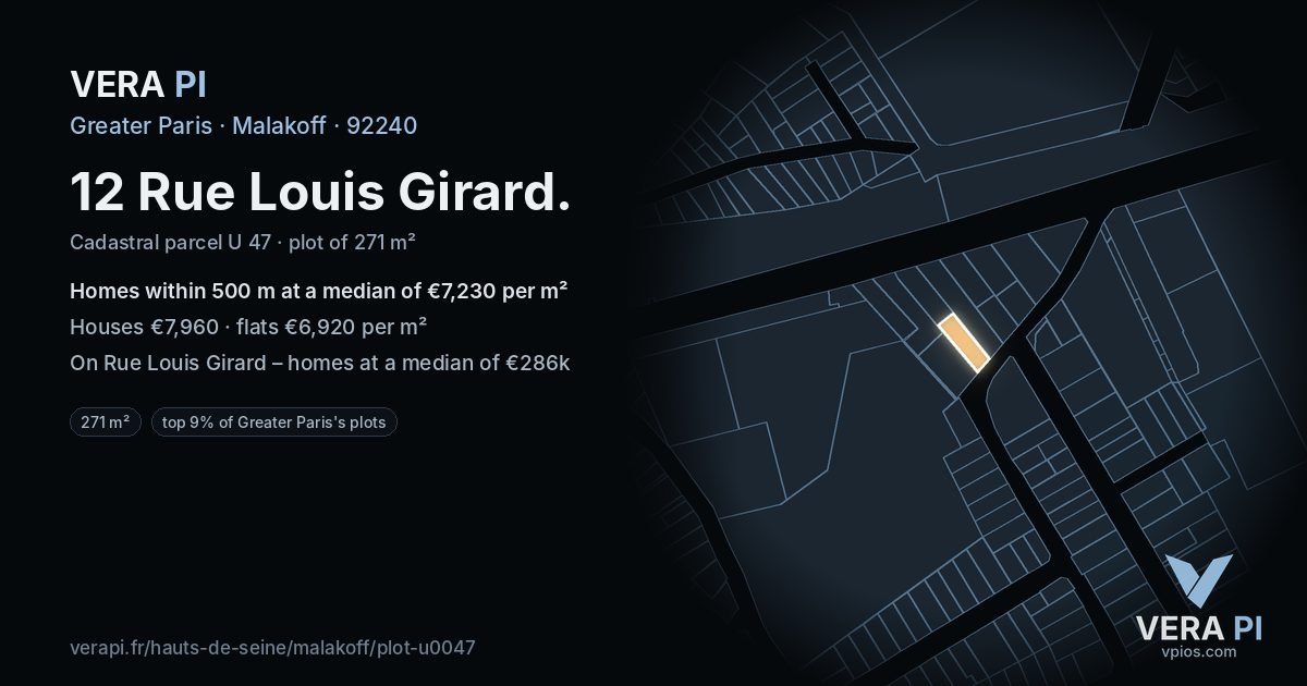 12 Rue Louis Girard, Malakoff at night – the plot lit, the parcels around coloured by the prices near them