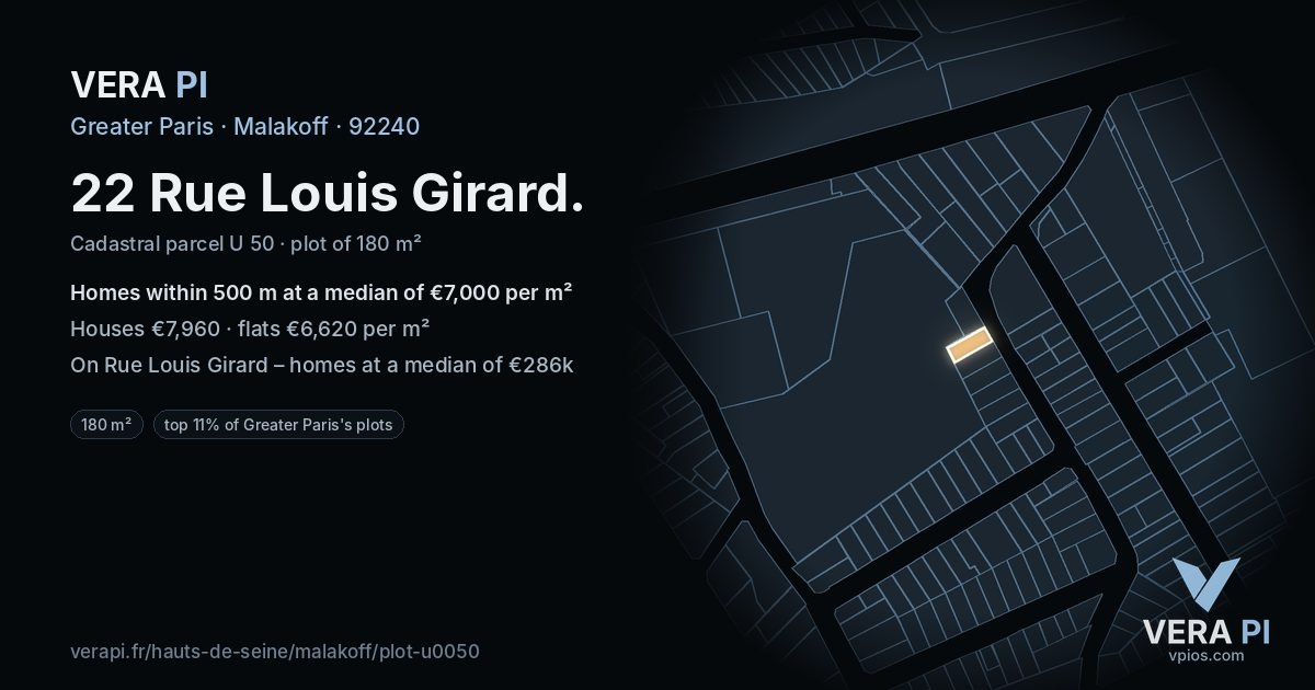 22 Rue Louis Girard, Malakoff at night – the plot lit, the parcels around coloured by the prices near them
