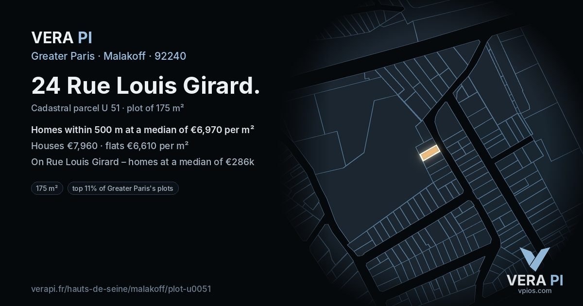 24 Rue Louis Girard, Malakoff at night – the plot lit, the parcels around coloured by the prices near them