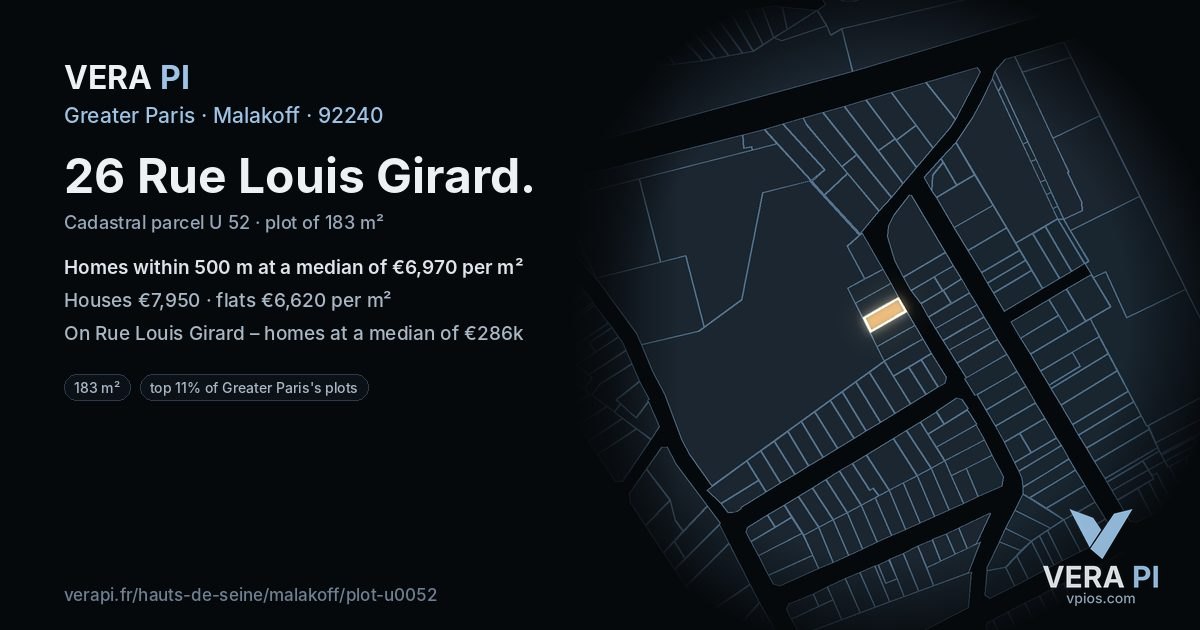 26 Rue Louis Girard, Malakoff at night – the plot lit, the parcels around coloured by the prices near them