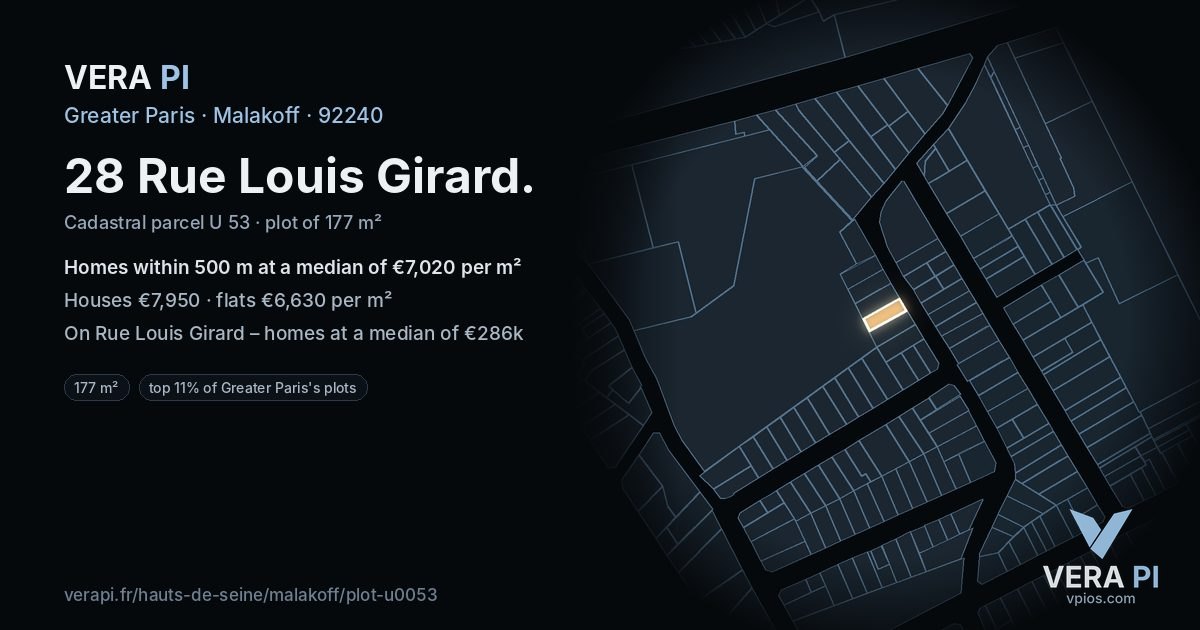 28 Rue Louis Girard, Malakoff at night – the plot lit, the parcels around coloured by the prices near them