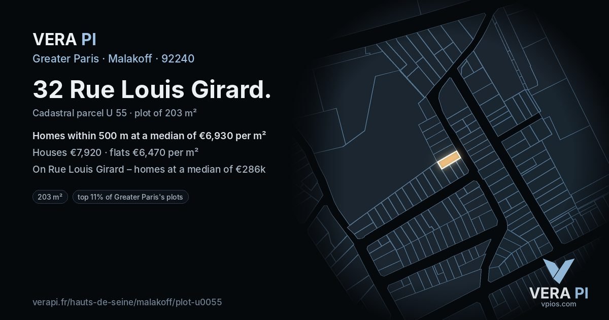 32 Rue Louis Girard, Malakoff at night – the plot lit, the parcels around coloured by the prices near them