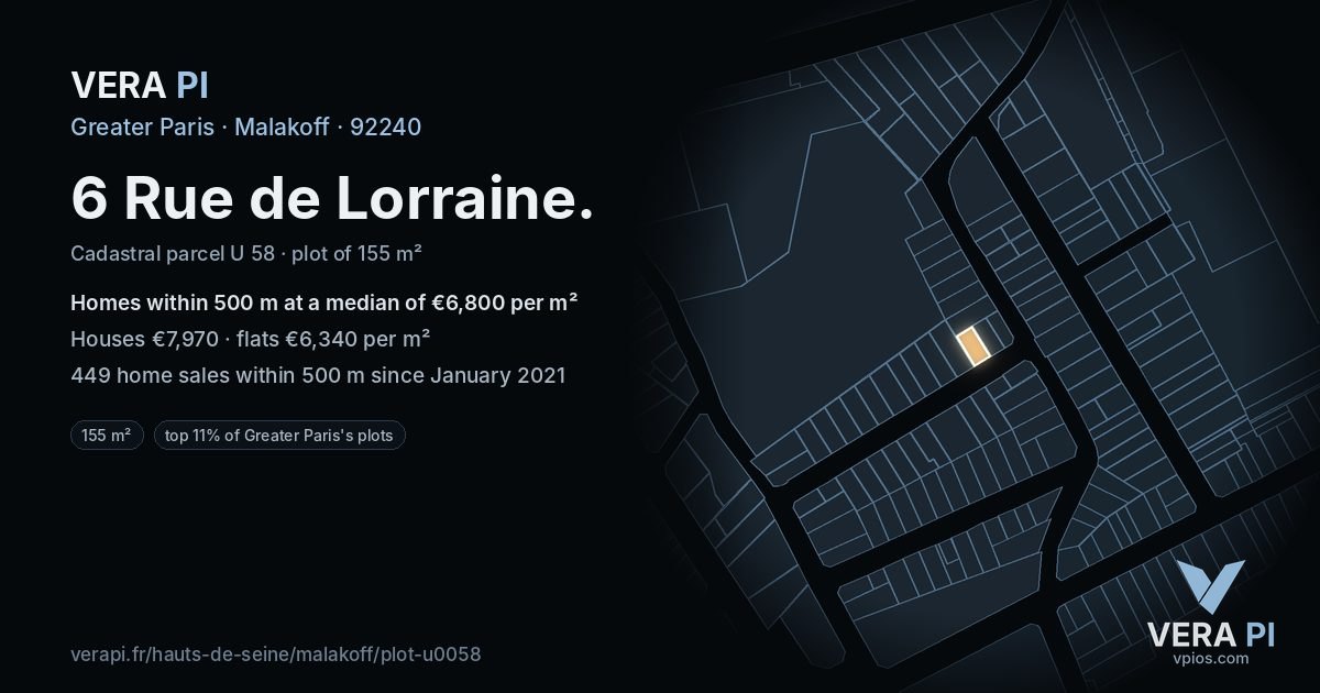 6 Rue de Lorraine, Malakoff at night – the plot lit, the parcels around coloured by the prices near them