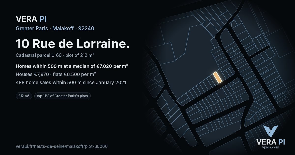 10 Rue de Lorraine, Malakoff at night – the plot lit, the parcels around coloured by the prices near them