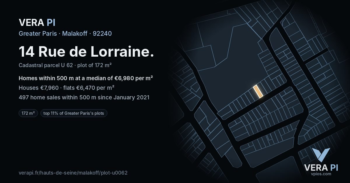 14 Rue de Lorraine, Malakoff at night – the plot lit, the parcels around coloured by the prices near them