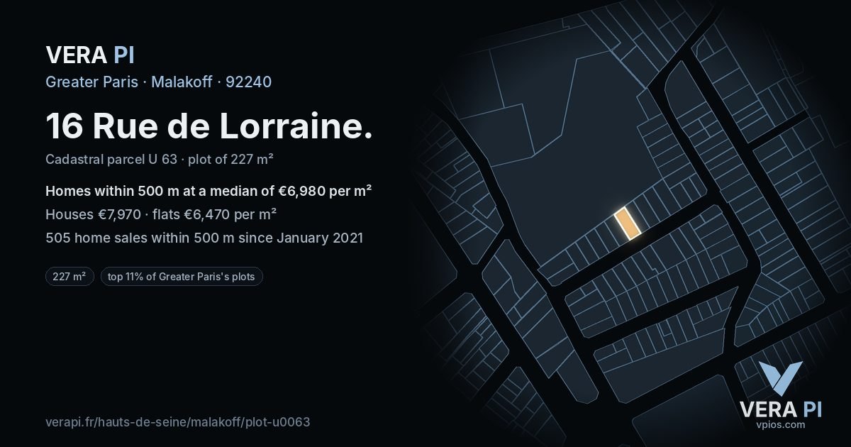 16 Rue de Lorraine, Malakoff at night – the plot lit, the parcels around coloured by the prices near them