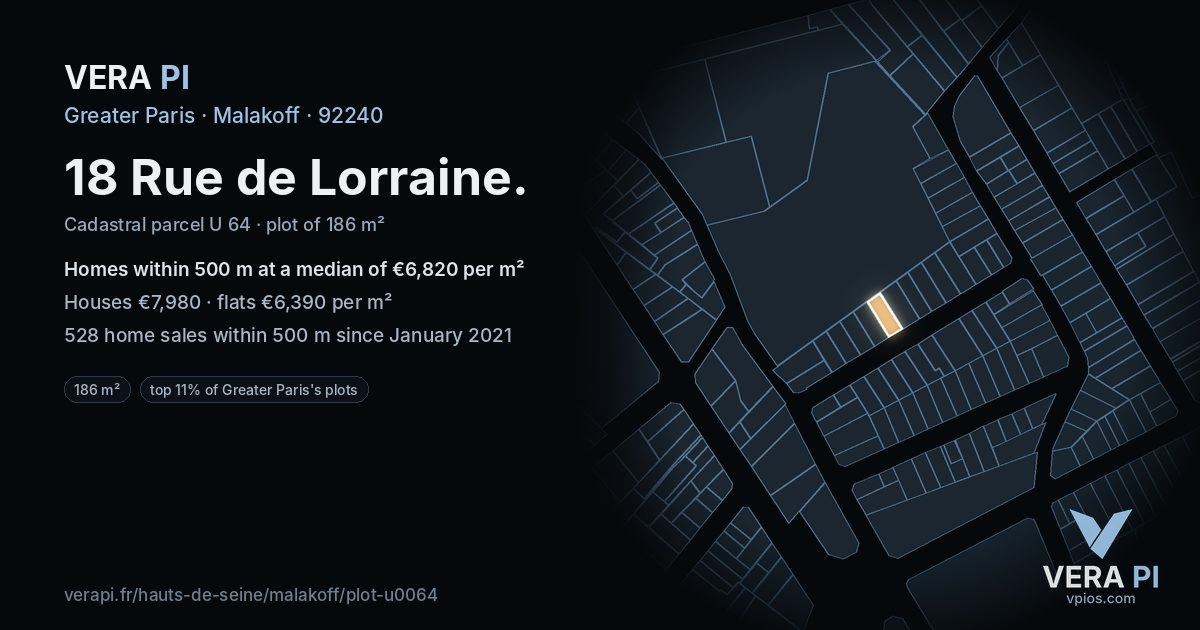 18 Rue de Lorraine, Malakoff at night – the plot lit, the parcels around coloured by the prices near them
