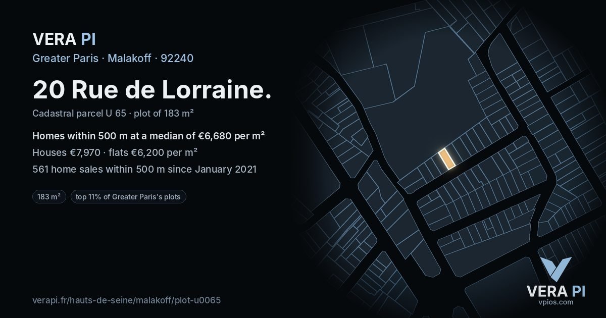 20 Rue de Lorraine, Malakoff at night – the plot lit, the parcels around coloured by the prices near them