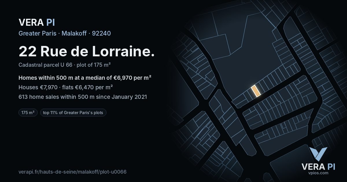 22 Rue de Lorraine, Malakoff at night – the plot lit, the parcels around coloured by the prices near them