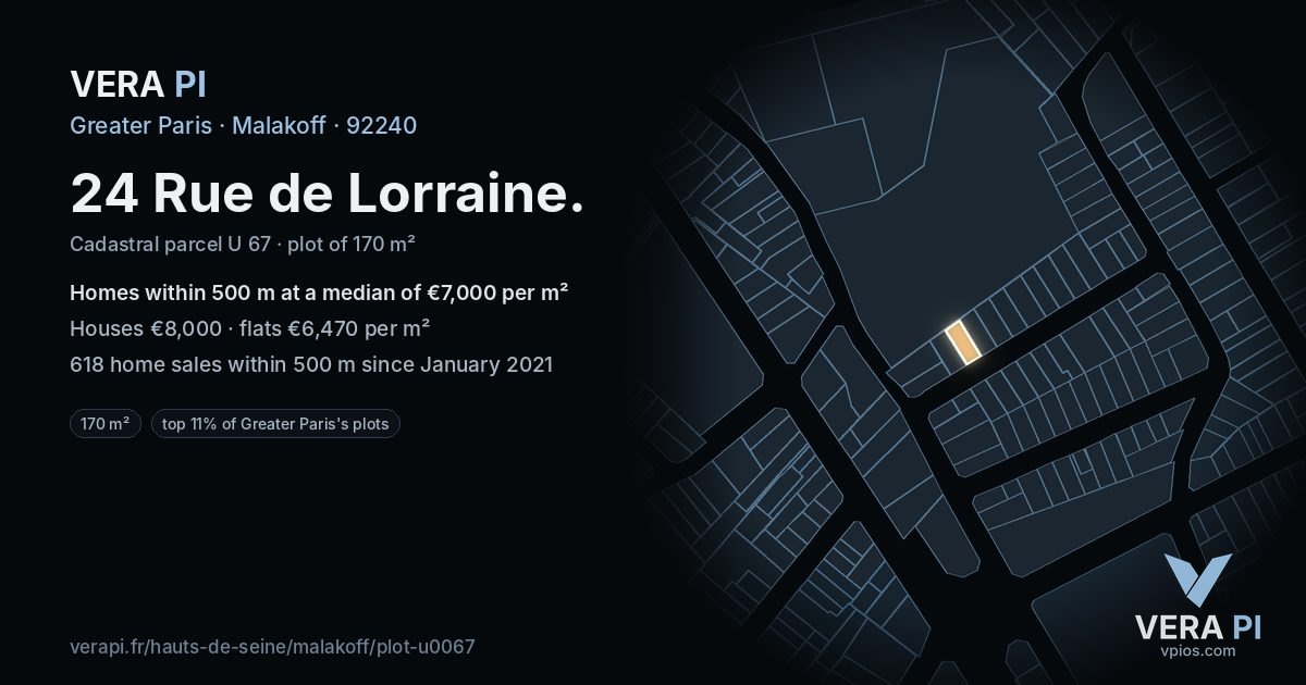 24 Rue de Lorraine, Malakoff at night – the plot lit, the parcels around coloured by the prices near them