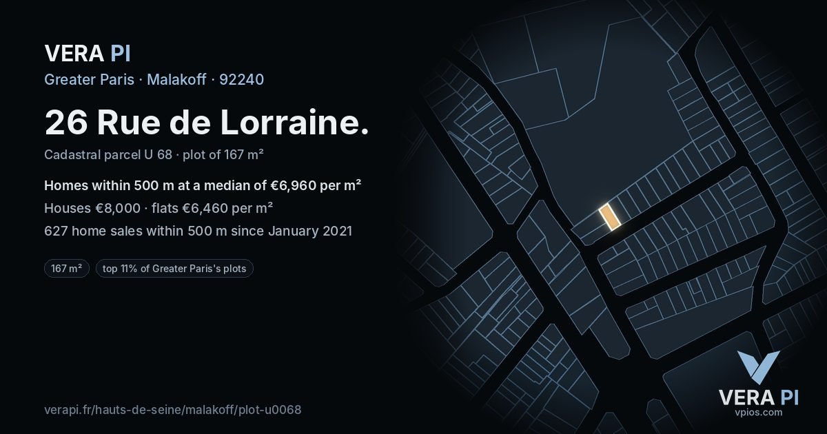 26 Rue de Lorraine, Malakoff at night – the plot lit, the parcels around coloured by the prices near them