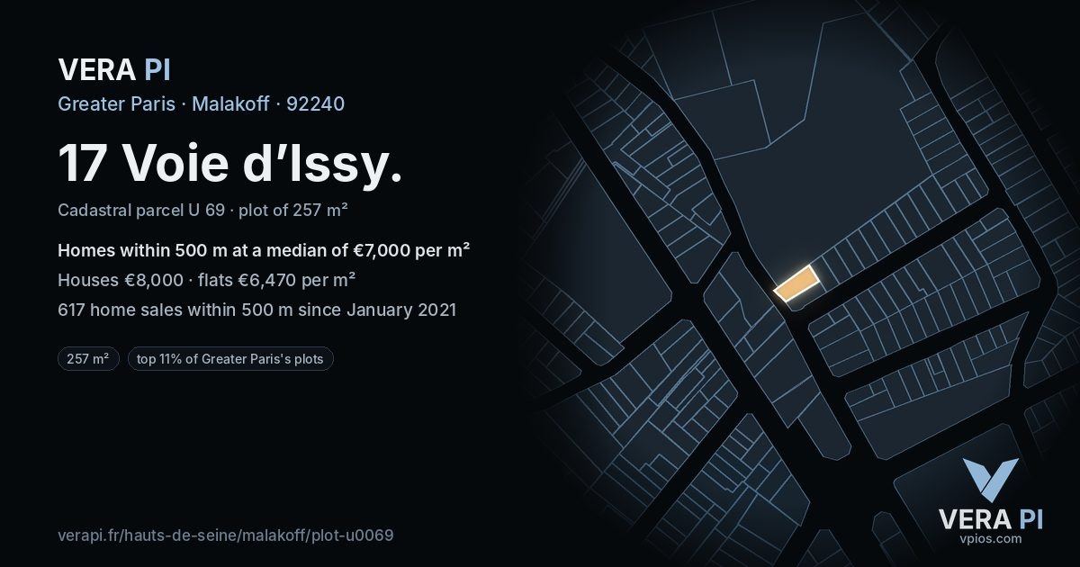 17 Voie d’Issy, Malakoff at night – the plot lit, the parcels around coloured by the prices near them