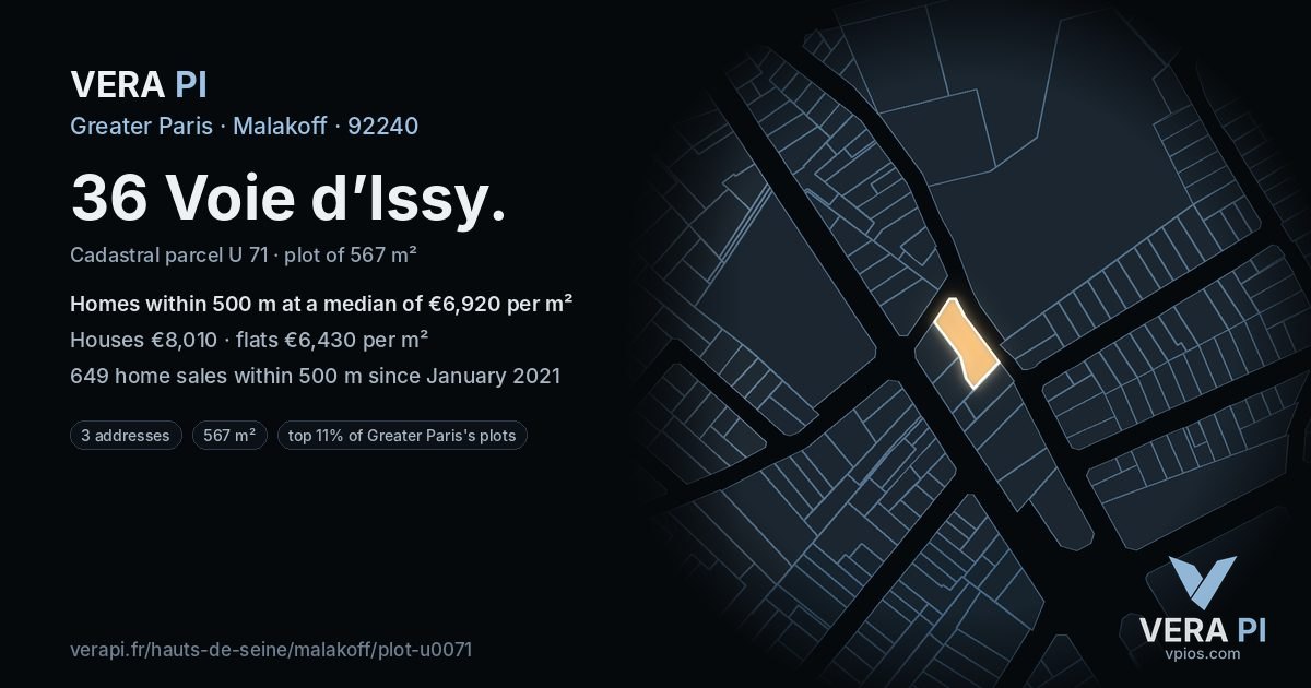 36 Voie d’Issy, Malakoff at night – the plot lit, the parcels around coloured by the prices near them