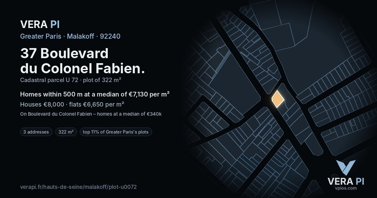 37 Boulevard du Colonel Fabien, Malakoff at night – the plot lit, the parcels around coloured by the prices near them