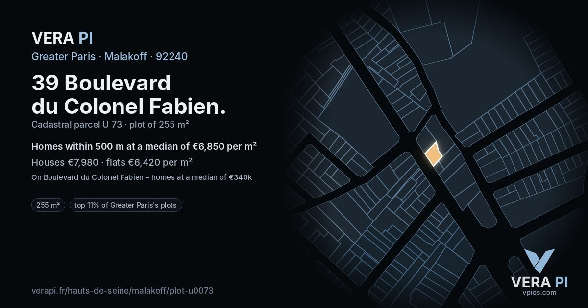 39 Boulevard du Colonel Fabien, Malakoff at night – the plot lit, the parcels around coloured by the prices near them