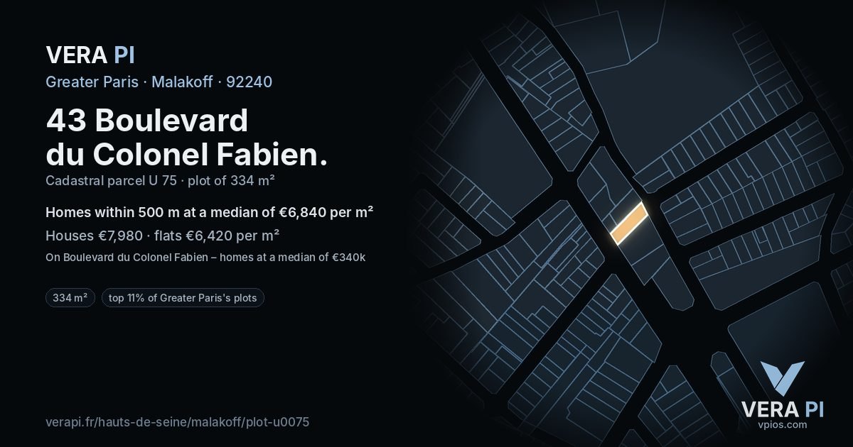 43 Boulevard du Colonel Fabien, Malakoff at night – the plot lit, the parcels around coloured by the prices near them