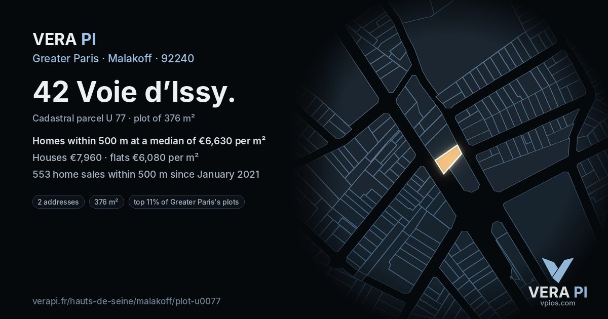 42 Voie d’Issy, Malakoff at night – the plot lit, the parcels around coloured by the prices near them