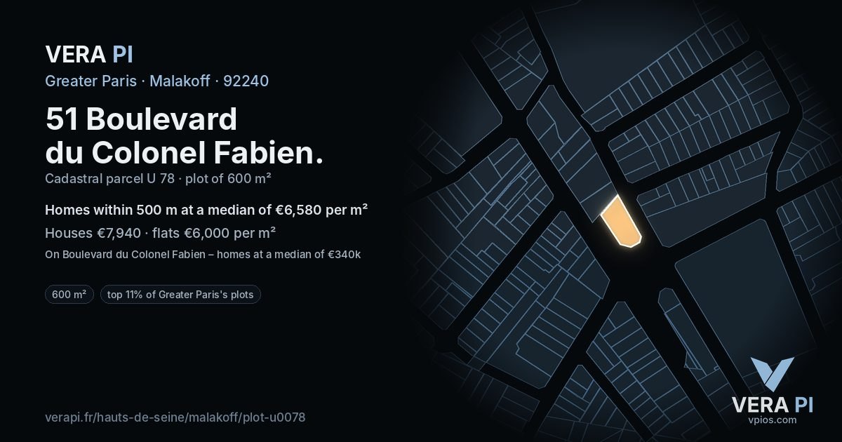 51 Boulevard du Colonel Fabien, Malakoff at night – the plot lit, the parcels around coloured by the prices near them