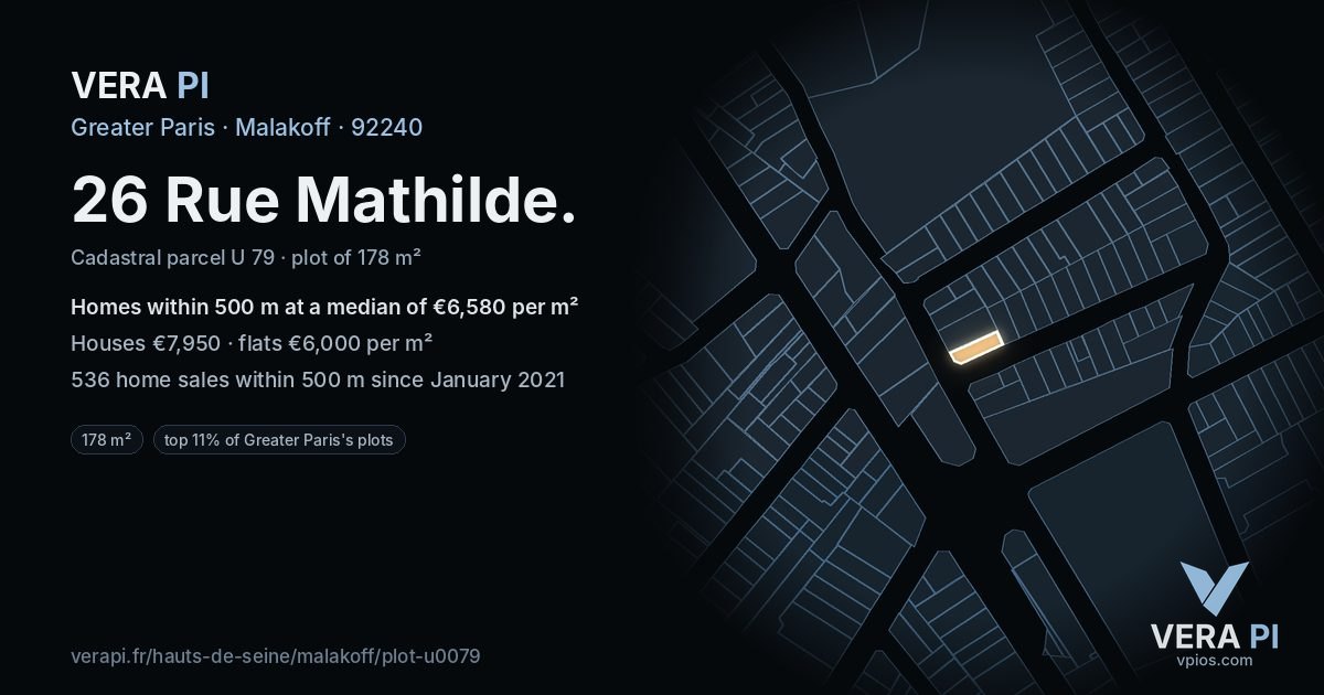 26 Rue Mathilde, Malakoff at night – the plot lit, the parcels around coloured by the prices near them