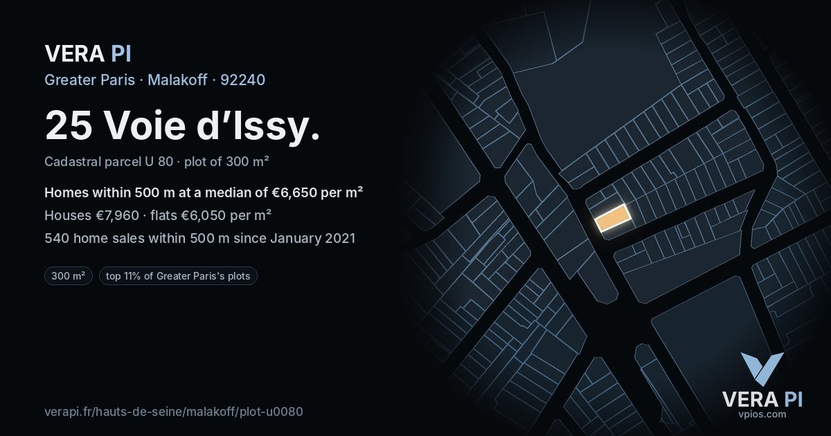25 Voie d’Issy, Malakoff at night – the plot lit, the parcels around coloured by the prices near them