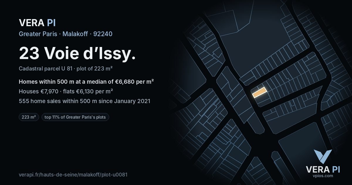 23 Voie d’Issy, Malakoff at night – the plot lit, the parcels around coloured by the prices near them