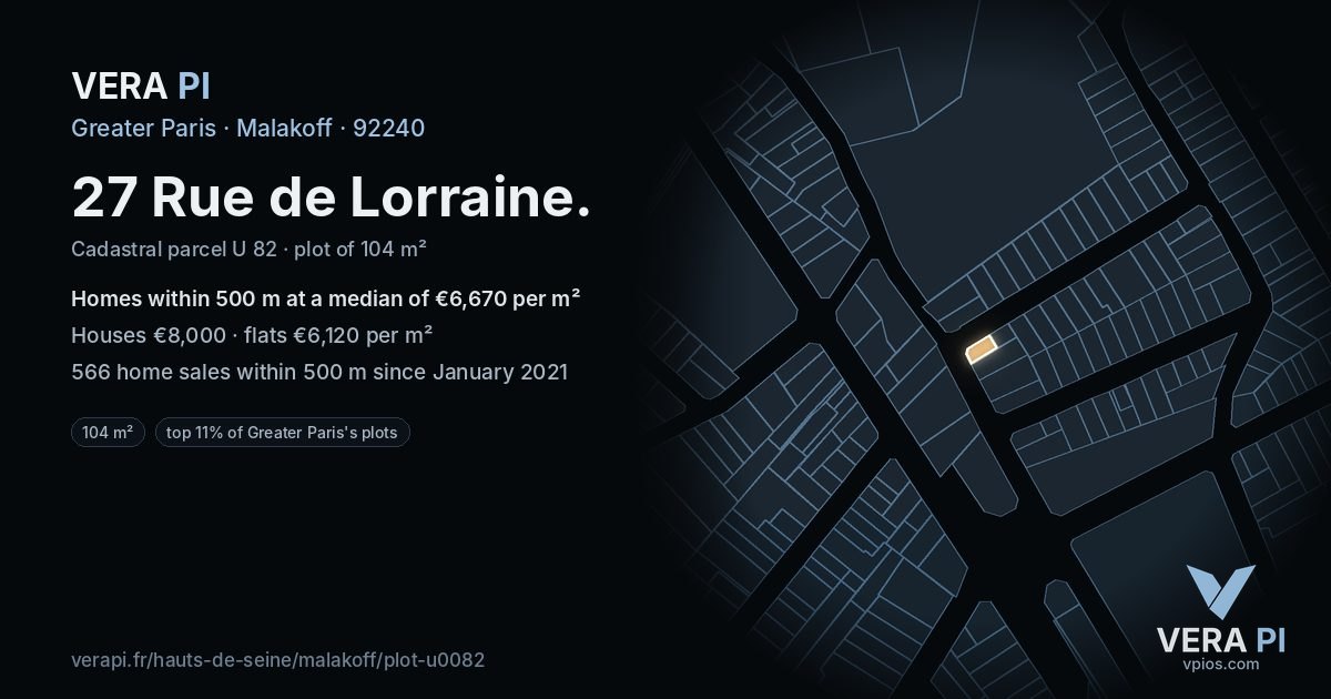 27 Rue de Lorraine, Malakoff at night – the plot lit, the parcels around coloured by the prices near them