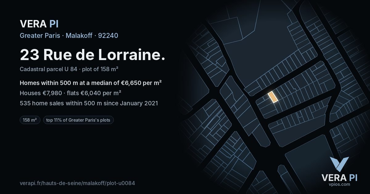 23 Rue de Lorraine, Malakoff at night – the plot lit, the parcels around coloured by the prices near them