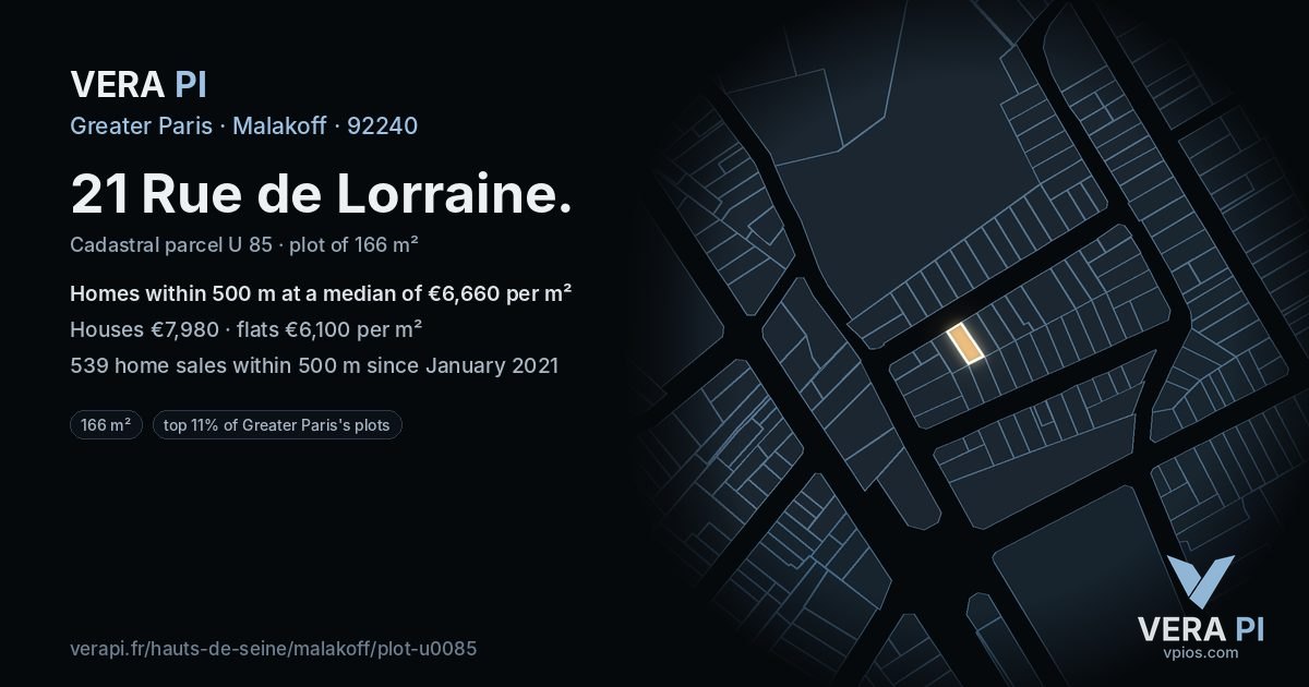 21 Rue de Lorraine, Malakoff at night – the plot lit, the parcels around coloured by the prices near them